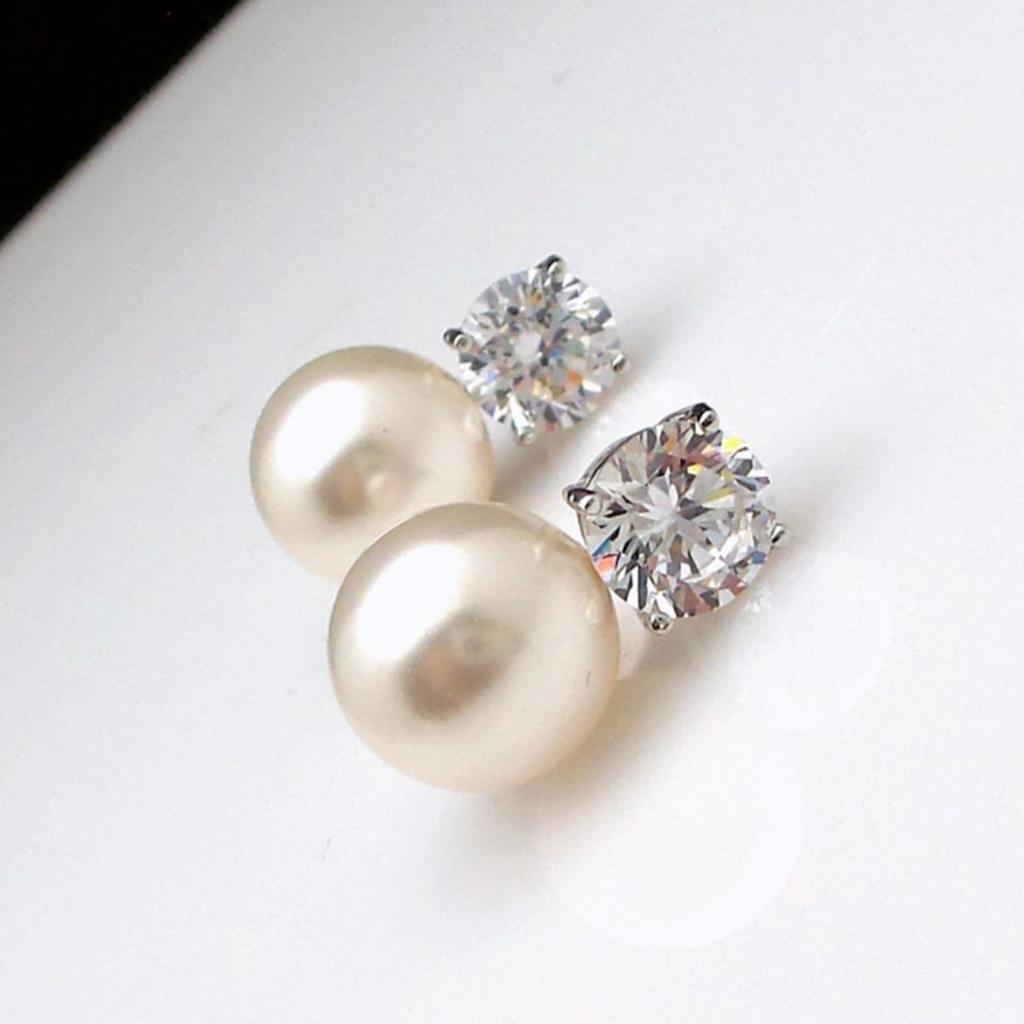 Four Prong Round Clear Stone Top White Pearl Drop Stud Earrings Classic Two Part Dangle Earrings for Women Daily Wedding Jewelry