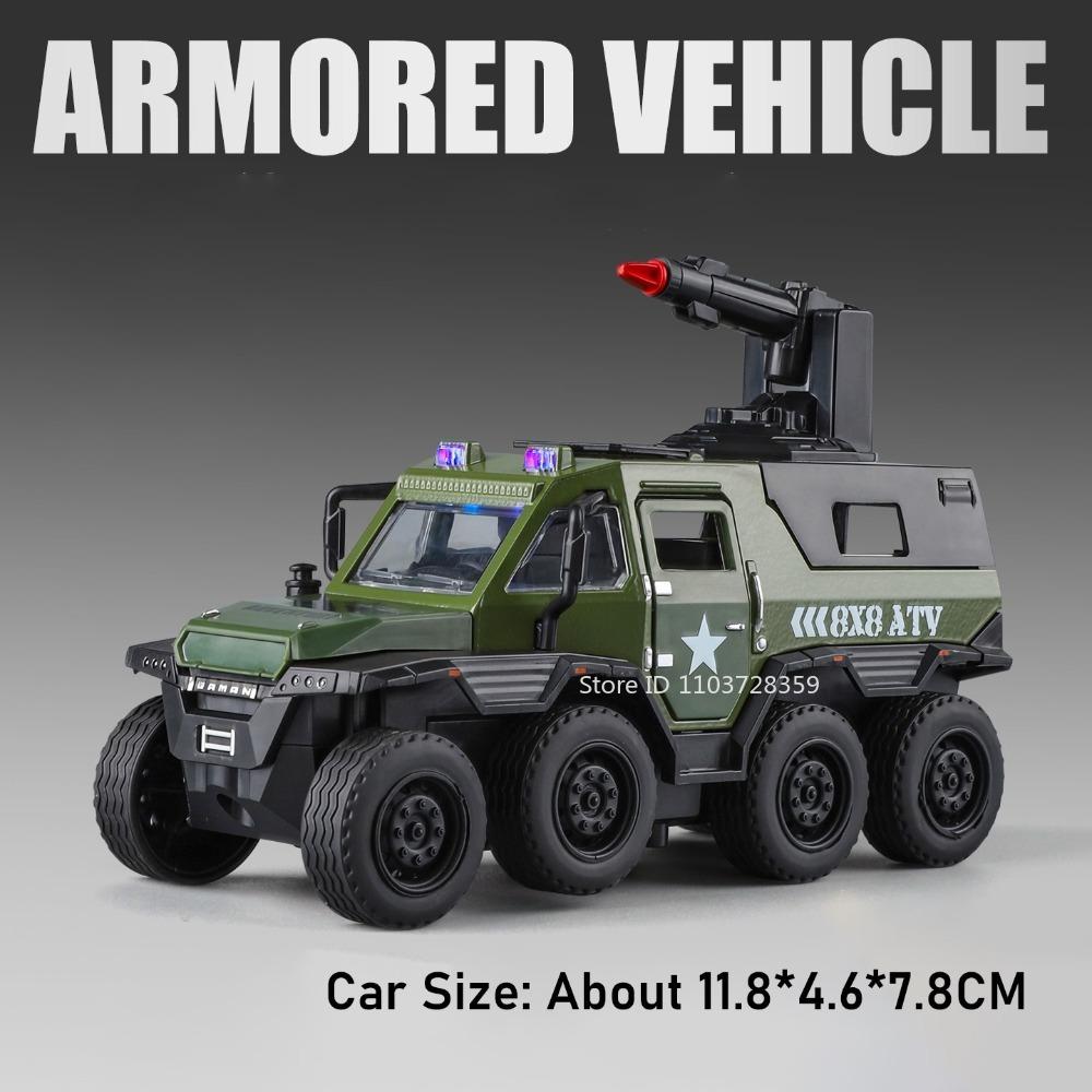 1:36 8-Wheel Conqueror Armored Car Toy Models Metal Diecast Simulation Off-road Cars Pull Back Doors Opened Sound Light Gifts