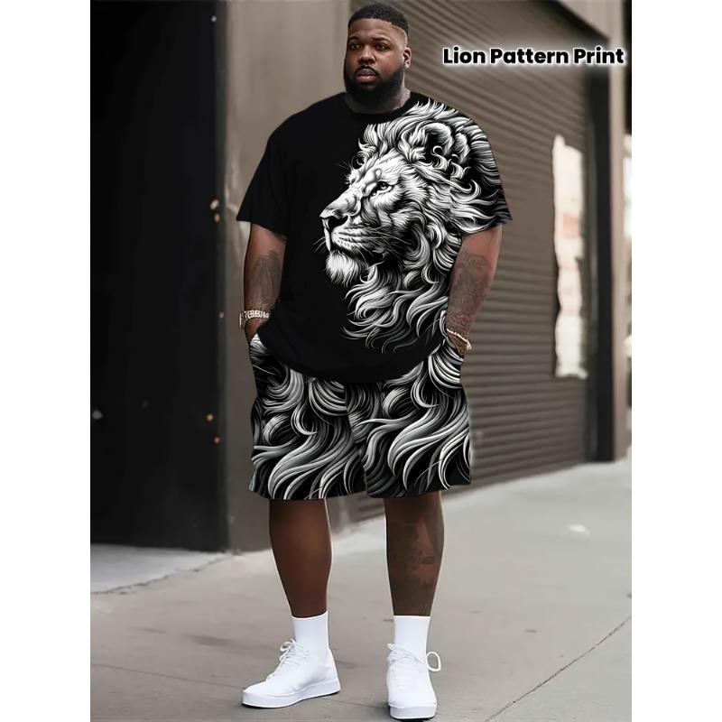 Men's Large Size Lion Pattern Print Fashion Round Neck Top T-shirt and Shorts Set