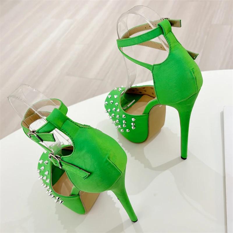 Fashion Eilyken Fashion Green Rivet Platform Buckle Strap Women Pumps Sexy Open Toe Ultra Stiletto High Heels Nightclub Prom Shoes