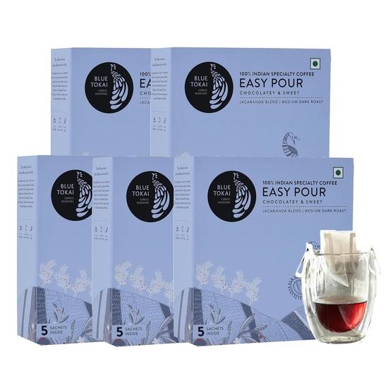 

Blue Tokai Coffee Roasters Easy Pour Over Coffee Drip Bags | Jacaranda Blend | Pack Of 5 | 5 Sachets Each Pack | Ready to Brew in 2 Mins 300GM