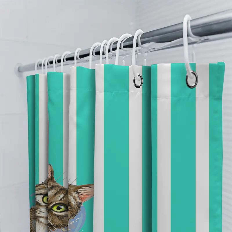 Green Striped Shower Curtain With Feline Print For Bathroom Decor Waterproof Fabric Diy Home Improvement Ideas #21370458698-Alie