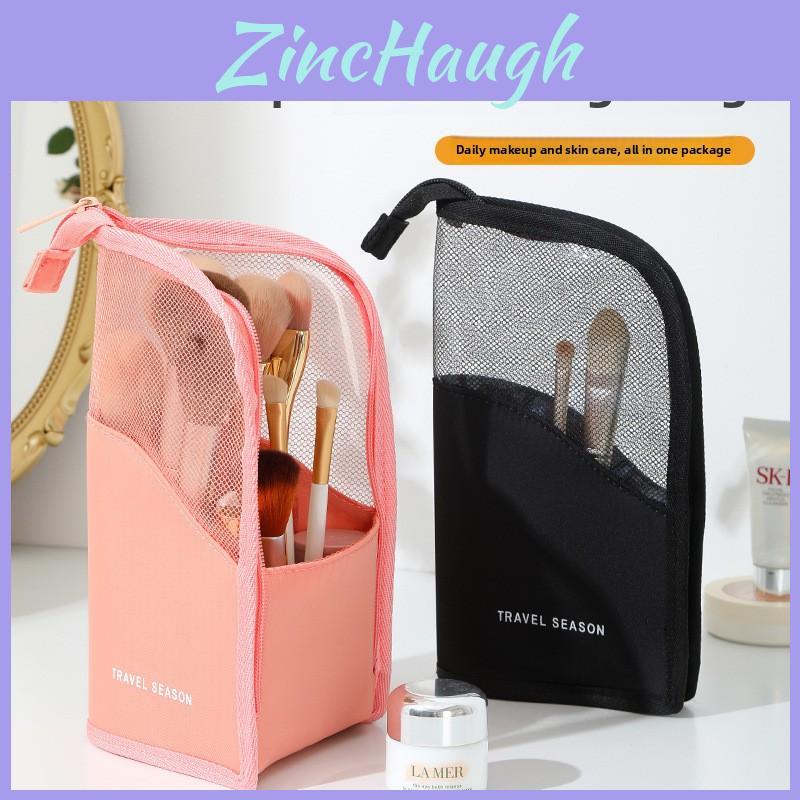 Portable Cosmetic Storage Bag With Mesh Panel For Travel And Desk Organization