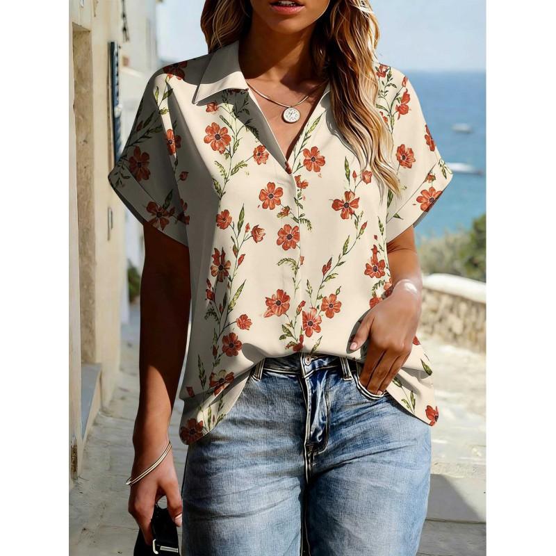 Floral Print Womens Loose Fit Short Sleeve V-Neck Top - Sleeveless Button-Free Casual Shirt Street Style