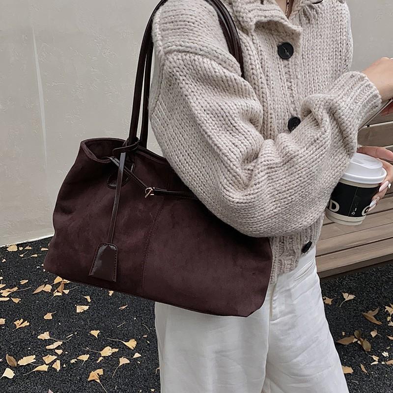 Vintage Suede-Like PU Tote Bag Women Large Capacity Commuter Shoulder Crossbody Style