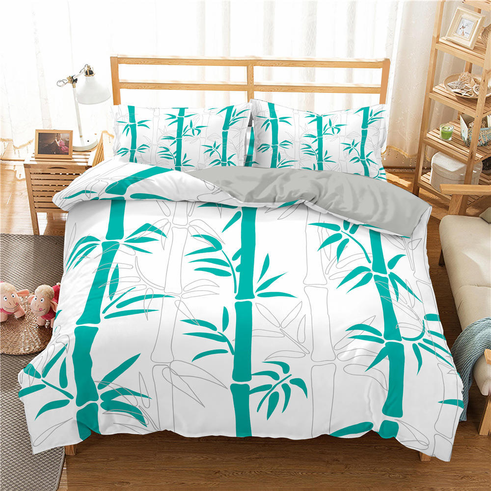 Pflanze Bambus Bettbezug KingQueen Größe Grünes Bambusblatt Zweigmuster Druck Bettwäsche Kollektion Weich 23 Teile Polyester Deckenbezug
