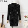 VONDA Women Fashion Solid Color Splicing V-Neck Long Sleeve Dresses