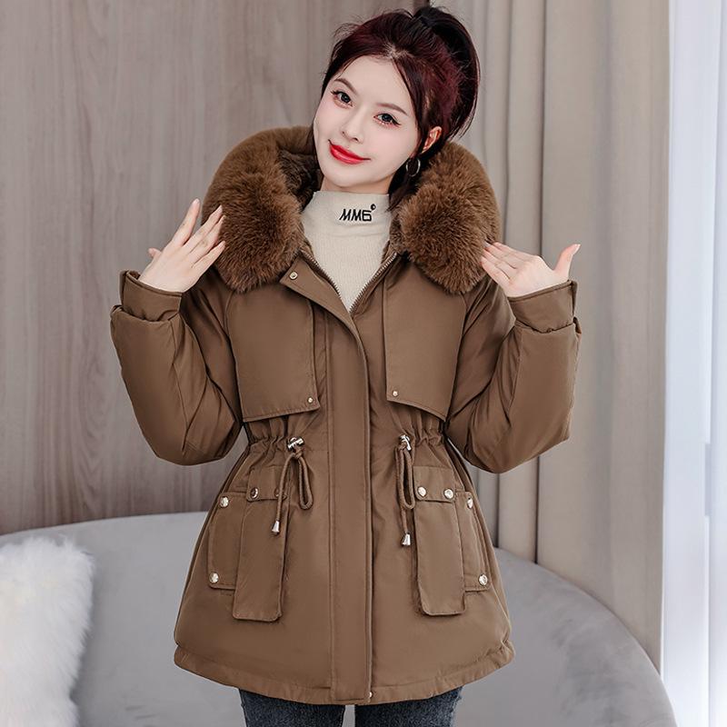 Petite Women's Thickened Down Parka with Fleece, Large Fur Collar, Korean Style, Waist-Cinched Hooded Jacket