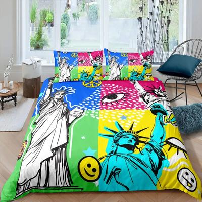 Statue of Liberty Duvet Cover Hip Hop Full Size Peace Sign Love Heart Bedding Set American Eyes Colorful Polyester Quilt Cover