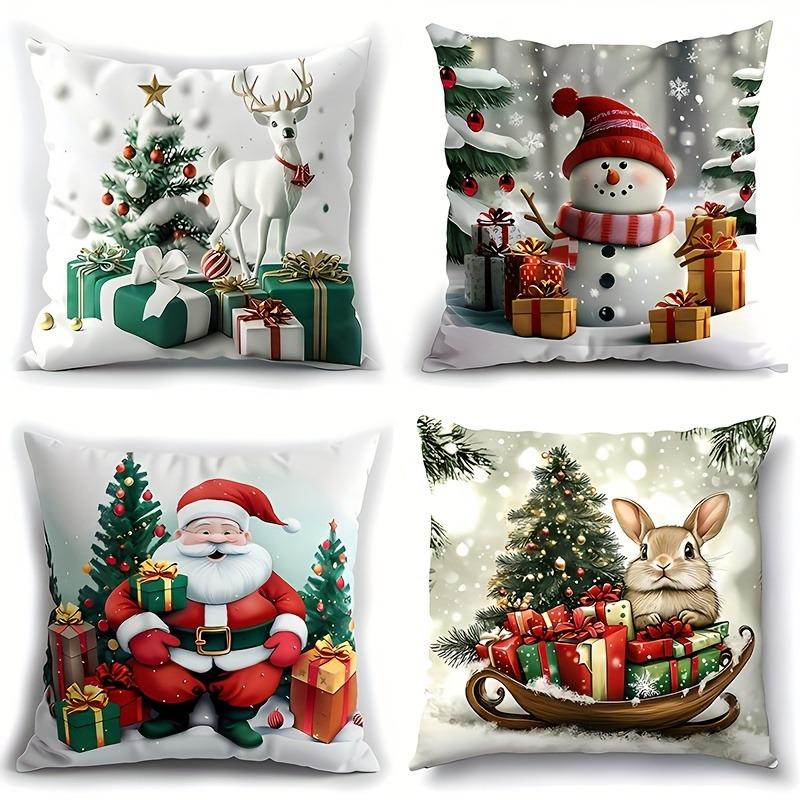 Christmas-Themed Pillowcases: Deer, Snowman, Santa, and Bunny with Gifts sofas, bedroom pillow covers, holiday gifts