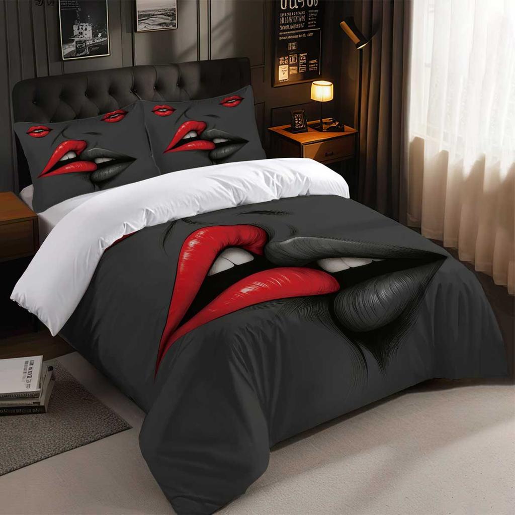 3pcs Lips Pattern Printed Bedding Set,1 Quilt Cover+2 Pillowcase, Suitable for Couples and Adults Bedroom, Home Decoration