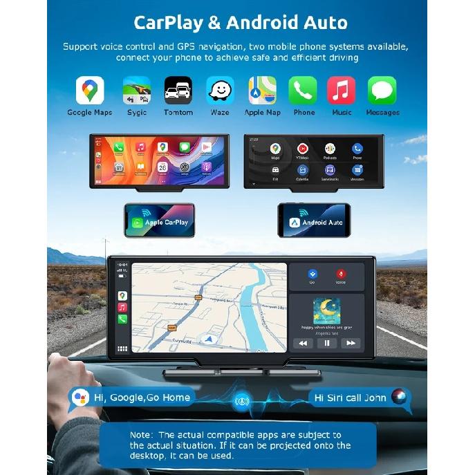 10.26" 64GB Dash Cam Car Stereo 4K IPS Touch Screen Wireless Apple Carplay & Android Auto Dual Len Recorder Bluetooth FM+Camera