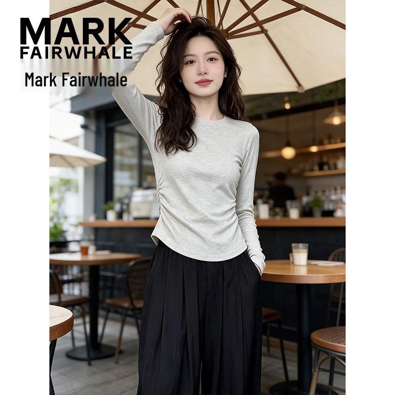 MARK FAIRWHALE Women's Ribbed Long Sleeve Round Neck T-shirt with Side Pleats