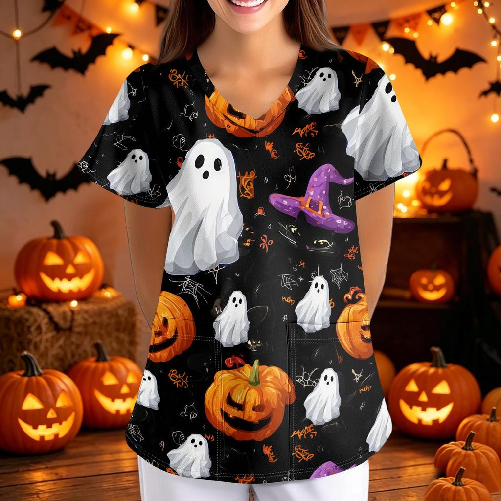 Womens Halloween Print Loose Fit V Neck Short Sleeve Medical Scrub Top Nurse Uniform with Pockets Lightweight Comfortable Workwear