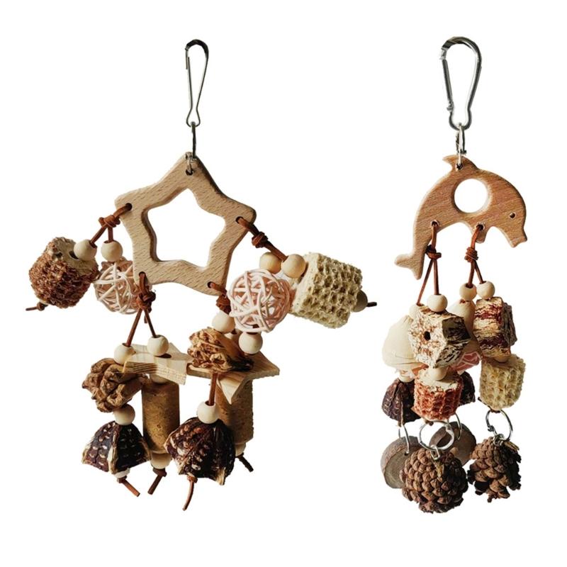 Bird Cage Hanging Toy With Natural Ball Safe Wooden Parrots Chewing Toy For Mental Stimulation