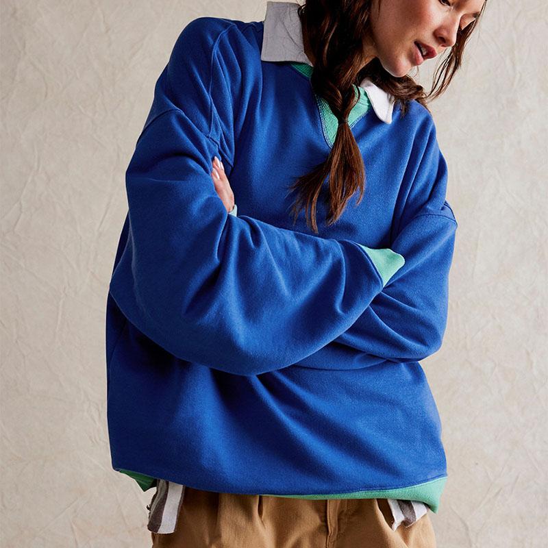 Casual Loose Contrast Sweatshirts Women Long Sleeved Round Neck Patchwork Hoodie Spring Autumn Street Style Pullover