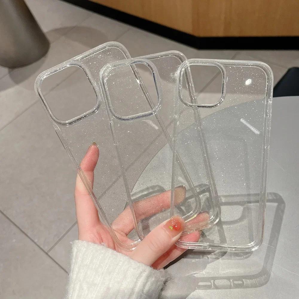 Luxury Glitter Bumper Bling Clear Case For iPhone 16 15 14 13 12 11 Pro Max Mini X XS Max XR Plus Silicone Acrylic Cover Funda