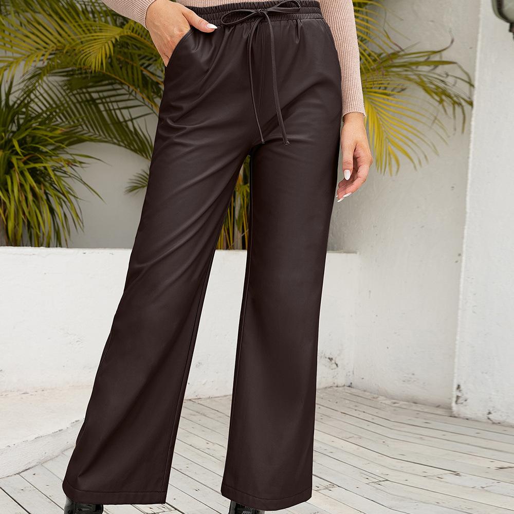 Women's High Waist Drawstring Flare Pants Loose Urban Casual Faux Leather Wide Leg Trousers