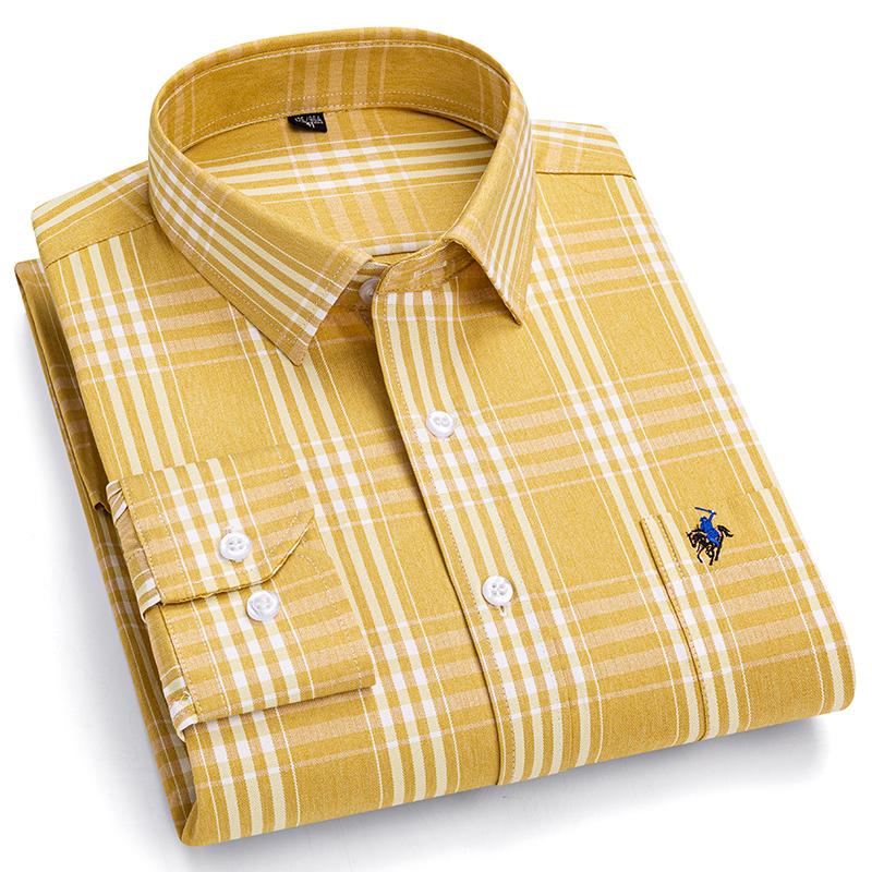 Pure Cotton Plaid Shirts for Men Logo Long Sleeve Quality Formal Business Man Shirt