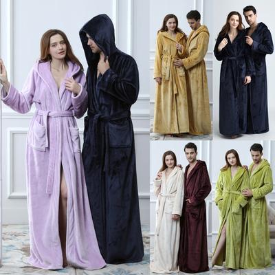 Mens Hooded Thicken Coral Fleece Robe Bathrobe Gown Pajamas Sleepwear Pocket