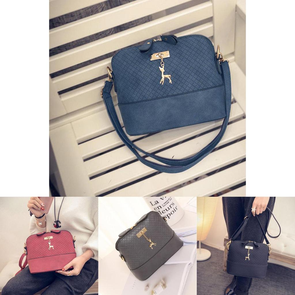 High-quality Pu Leather Square Grid Deer Pendant Shoulder Bag Messenger Tote For Women