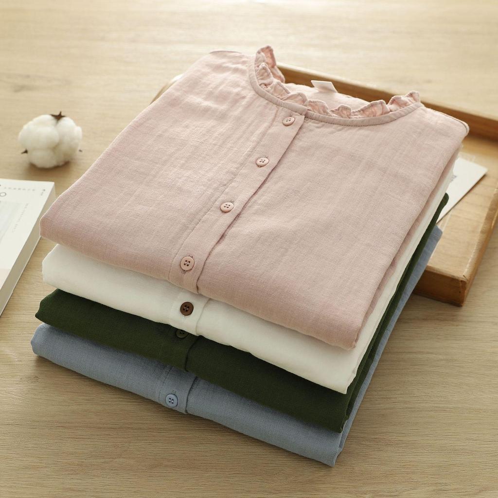 Japanese Style Women's Long Sleeve Lace Collar Shirt: Double Layer Cotton Gauze Loose Blouse