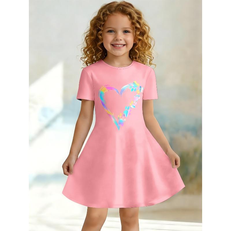 Girl's Pink Holographic Heart-shaped and Claw Printed Short Sleeved A-line Dress Suitable for Birthday Parties and Gifting
