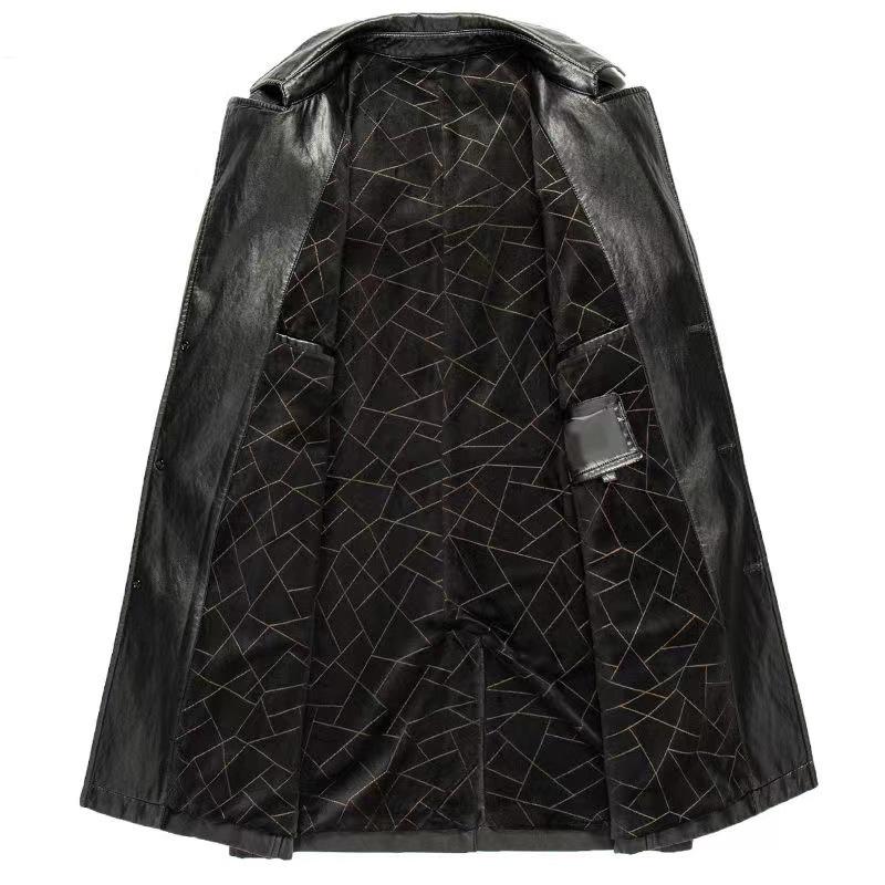 Cortavento Masculino de Couro Genuíno de Comprimento Médio: Gola de Terno, Com Veludo Extra, Quente, Jaqueta Casual de Negócios para Outono/Inverno.