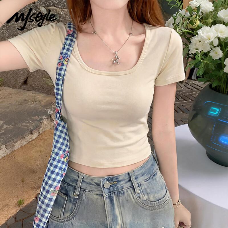 MJ STYLE Women s Square Neck Slim-Fit Short Sleeve T-Shirt M