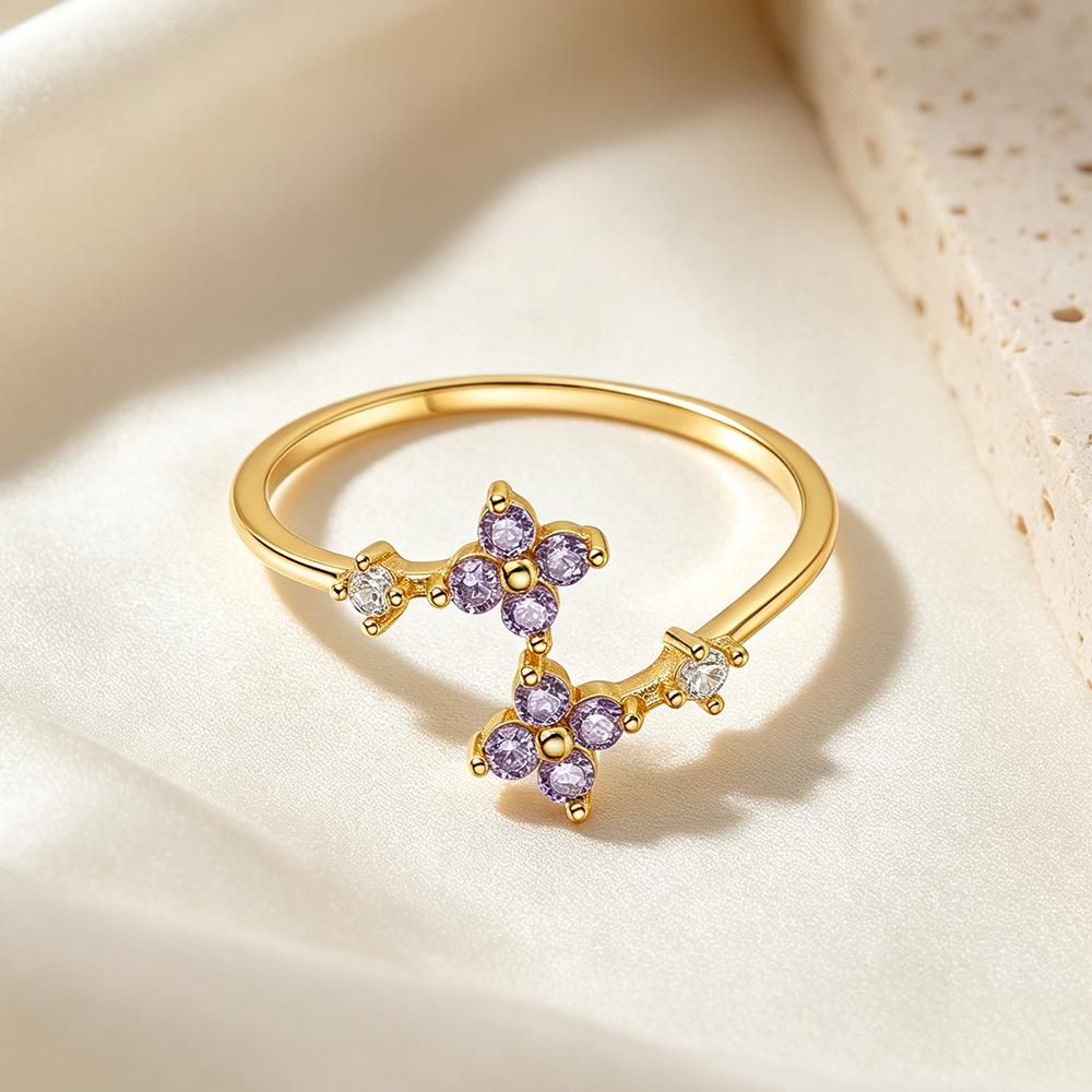 S925 Sterling Silver Fairy-Inspired Purple Zircon Four-Leaf Clover Adjustable Ring for Women