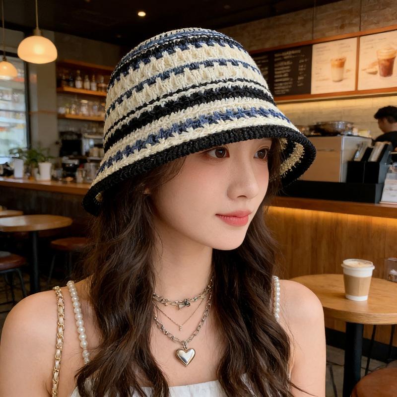 Color knitted hollow breathable bucket hat women's summer outdoor face small sunshade bucket hat women's basin hat