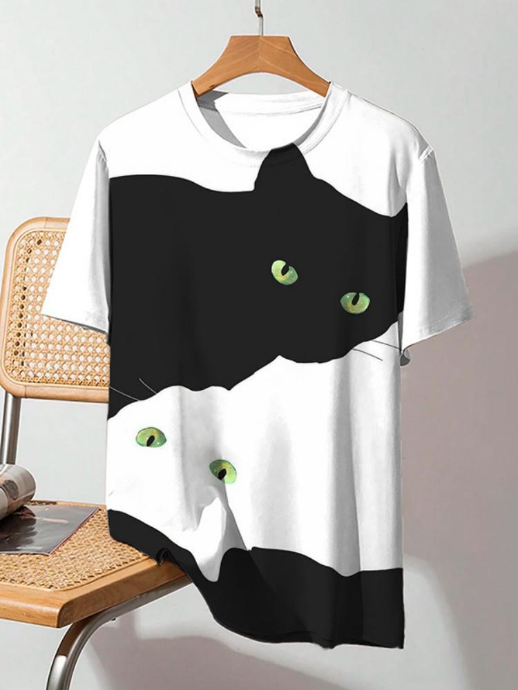 Japanese Ukiyo-e Animal Men's T-shirt with Cute Cat Pattern Print