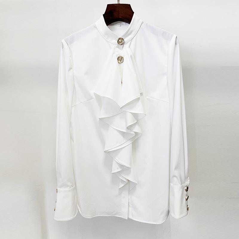 2025 European & American Fashion Slim Fit Ruffle White Long-Sleeve Shirt