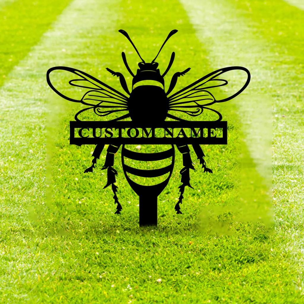 Metal Garden Stake, Personalized Bee Sign for Yard, Outdoor Metal Decor, Patio Art