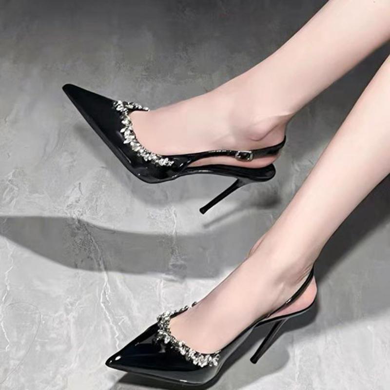 European And American Style Banquet Slim Pointed Toe Rhinestone High Heels Women Super High Heel Patent Leather Back Trip Strap