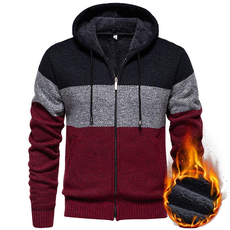 2025 Autumn Winter New Men's Color-blocking Sweater Plus Velvet Casual Knitted Fashion Hooded Jacket