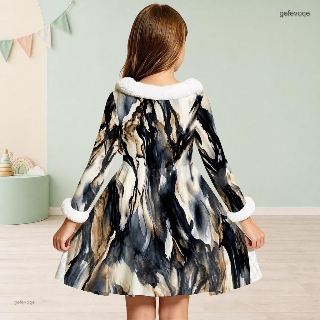 Girls High Neck Long Sleeve Blue White Printed A Line Flared Dress With Fur Trim And Bow