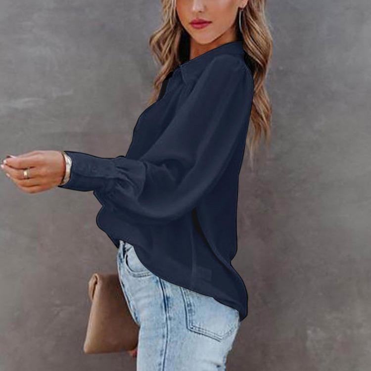 Women Loose Solid Color Button Down Shirt with Pleated Lantern Sleeves