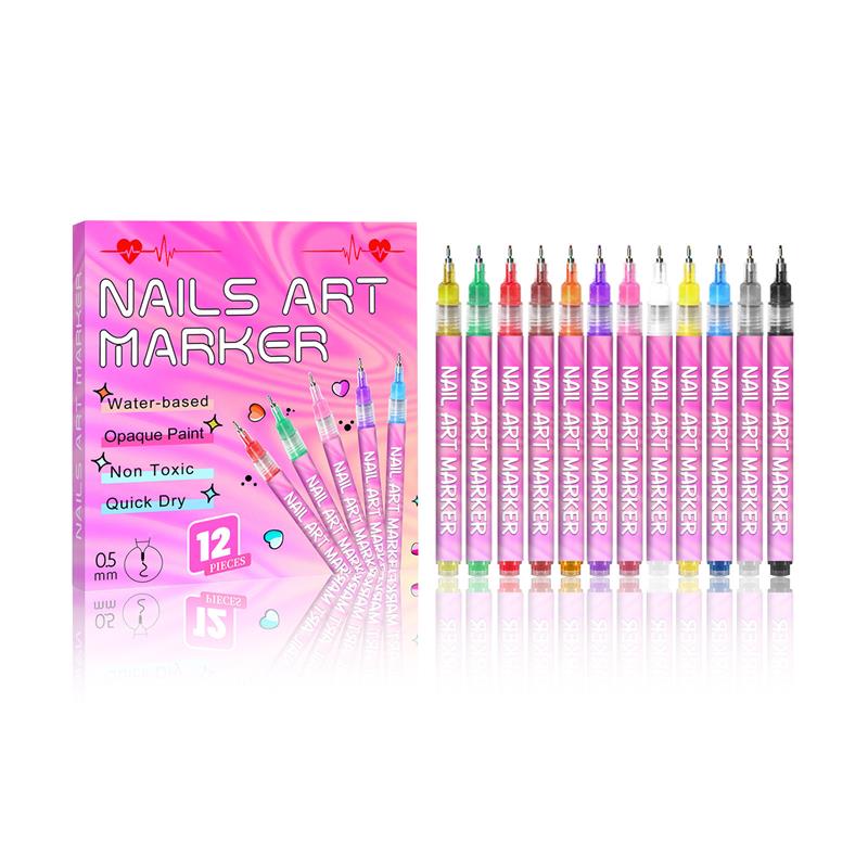 12 Colors Nail Art Pens Set, Quick Dry 3D Nail Polish Pens for DIY Nail Art, Nail Markers for Dotting & Liner Designs, Ideal Christmas Gift 12 Colors