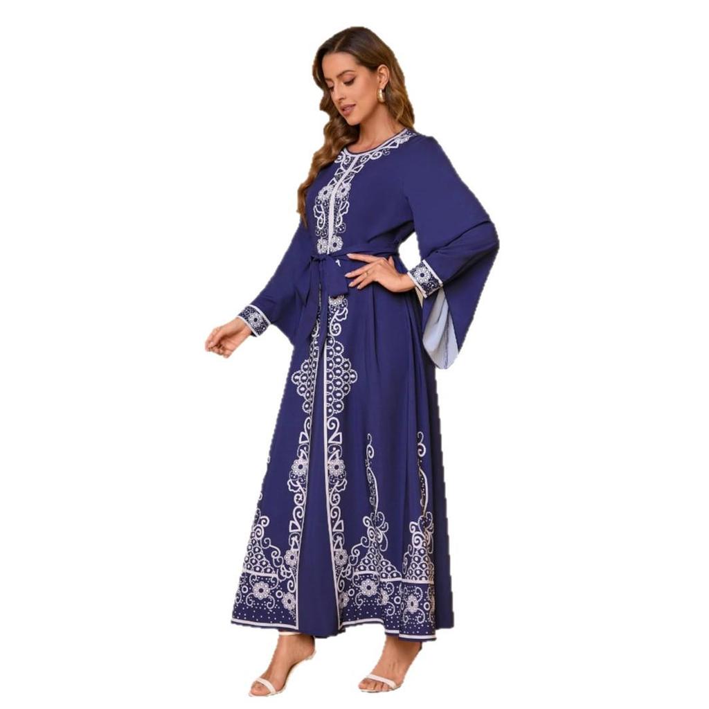 Arabic Party Bell Sleeve Digital Print Long Dress