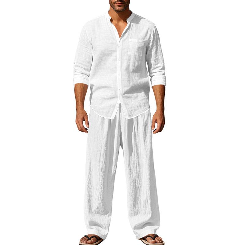 

Men s all-season linen casual two-piece set: loose-fitting, comfortable and breathable, long-sleeved top and trousers S белый