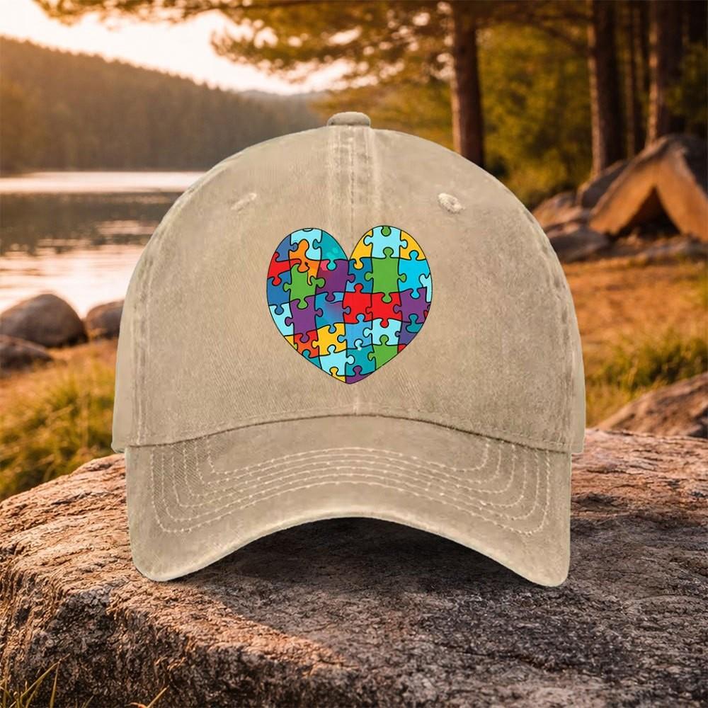 Autism Awareness Heart Puzzle Washed Baseball Cap Adjustable Cotton Outdoor Golf Hat