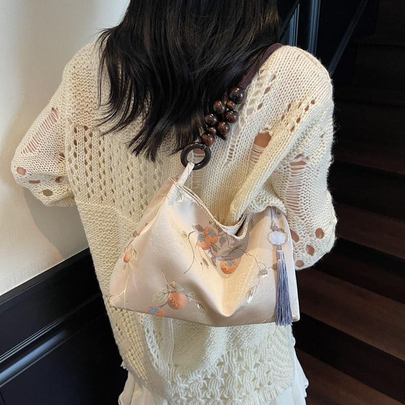 Retro Beige Embroidery Handbag Women Beaded Handle Large Capacity Shoulder Bag Ladies Elegant Luxury High End Underarm Bags