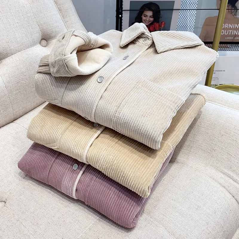 Padded Shirt Women Coat Winter Thickened Casual Velvet Solid Color Long-sleeved Shirt Jacket