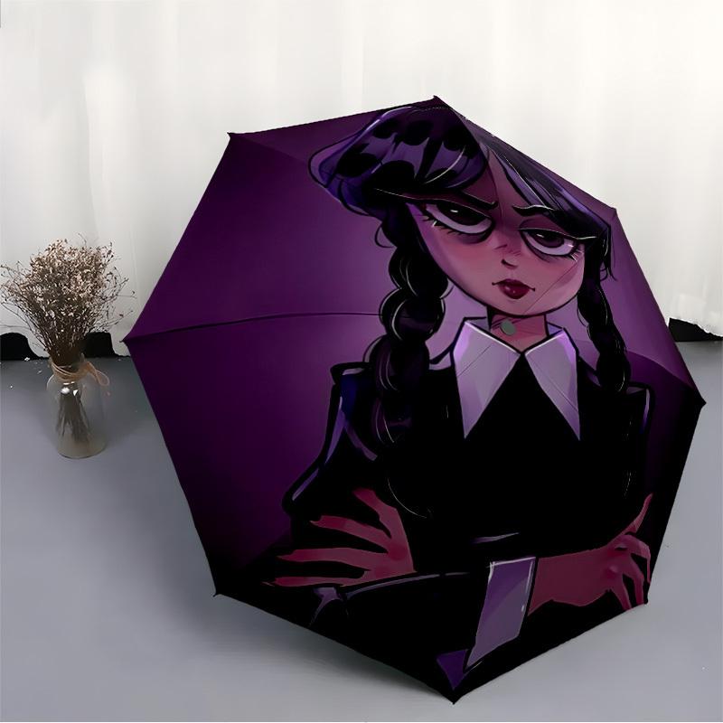 1pc Wednesday Addams Automatic Open/Close Umbrella - Compact Travel Umbrella with 8-Rib Durable Frame, Lightweight & Portable for Commuting, Fashionab