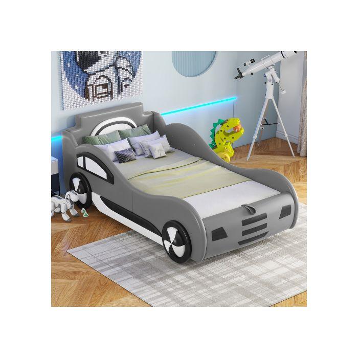 Lit enfant - MUVOE - Lit voiture - 90 x 200 cm - Avec rangement - Gris