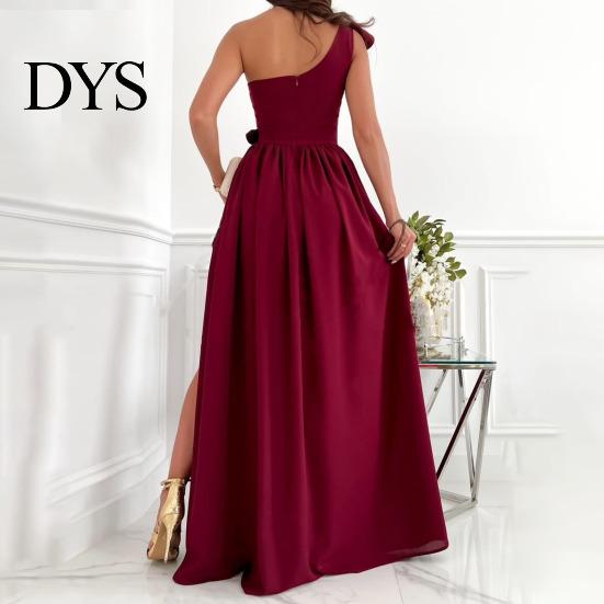 Lady Long Dress Evening One Shoulder Sleeveless Split Hem Solid Color Ruffle Pleated Ball Gown Off Prom Cocktail Party Maxi Women