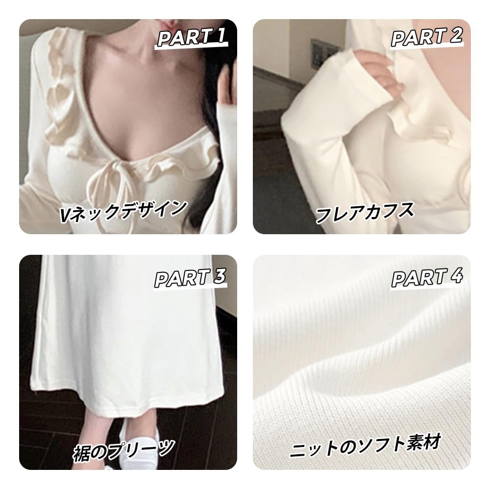 PHOLEEY Long Tight Midi Elegant for Women's Dress, Sleeve, V-Neck, Ruffles, Ribbon, Length, Fall/Winter