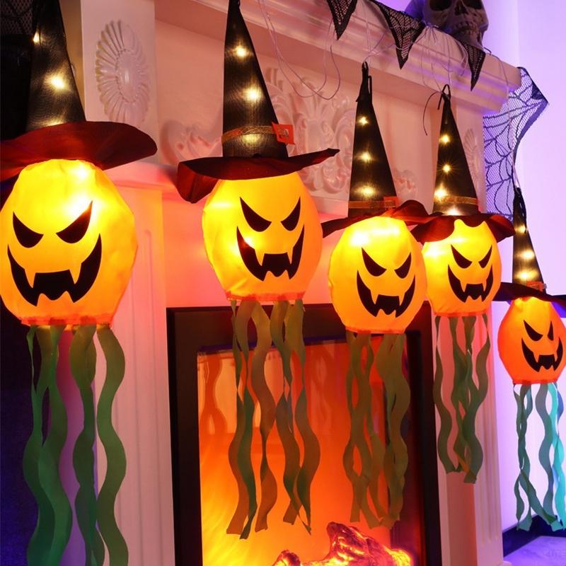 Led Halloween Decorations Witch Hat Design Horror Ghost Glowing Lamp Glow In The Dark Hanging Ornaments Party Supplies
