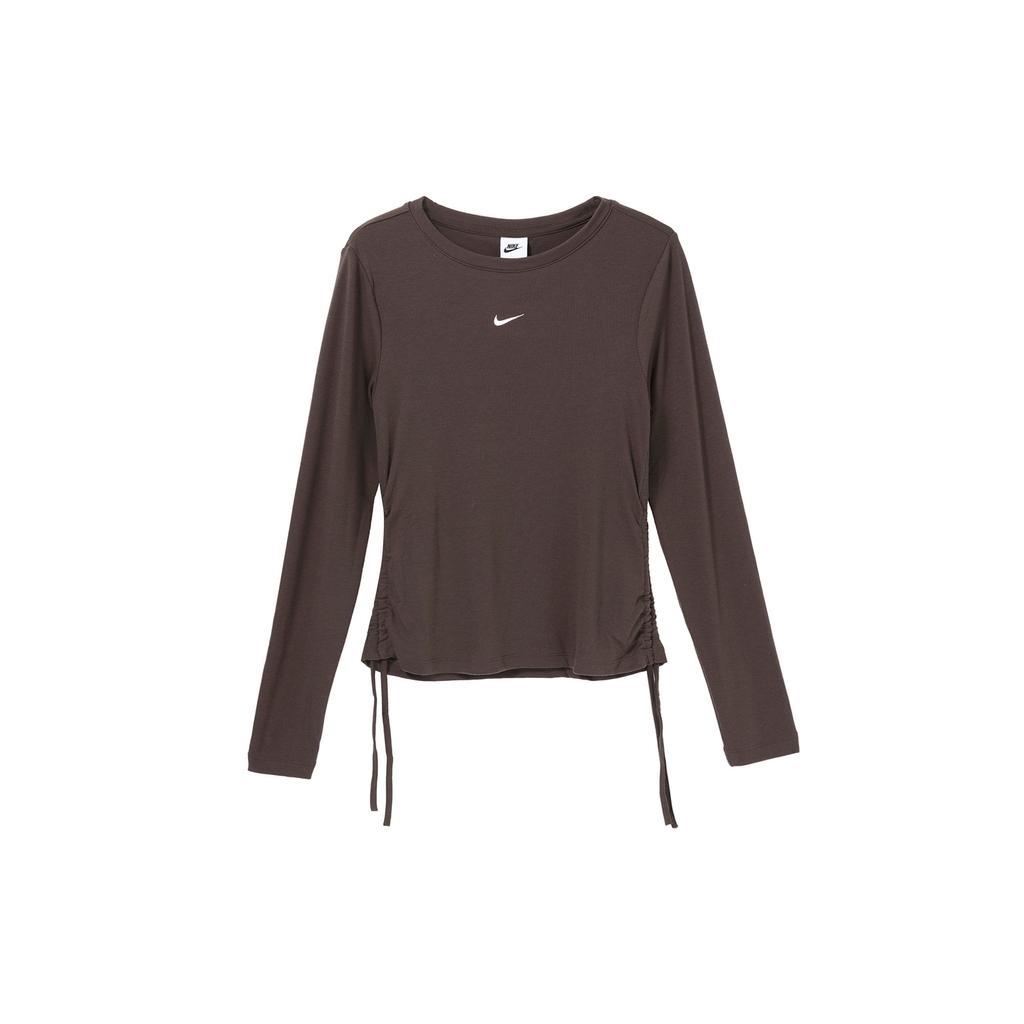 Nike Logo Print Crew Neck Long Sleeve T-Shirt Women Tops Brown FB8718-237
